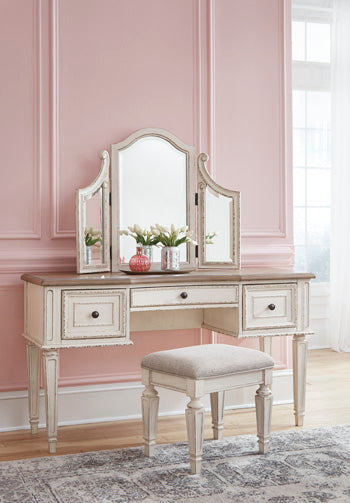 Banqueta Realyn Vanity y Espejo con